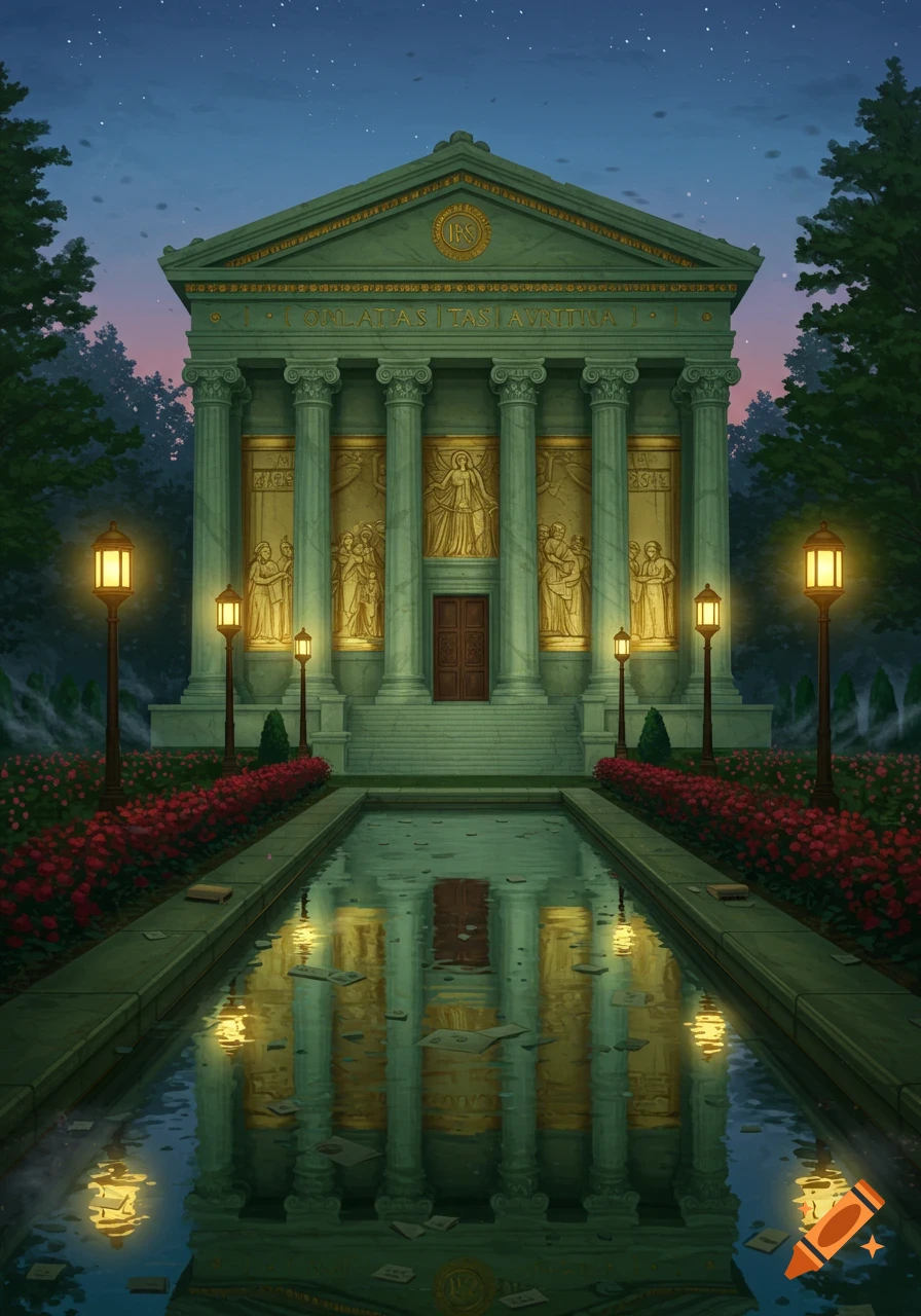 An illuminated, grand classical-style building with a reflection pool, surrounded by red roses and lush trees at dusk under a starry sky.