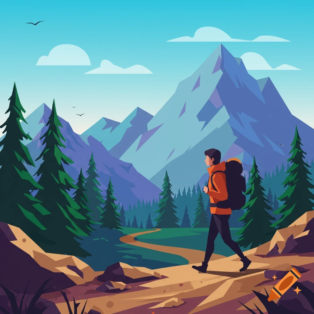 A person hiking through a mountainous forest landscape in a vector art style.