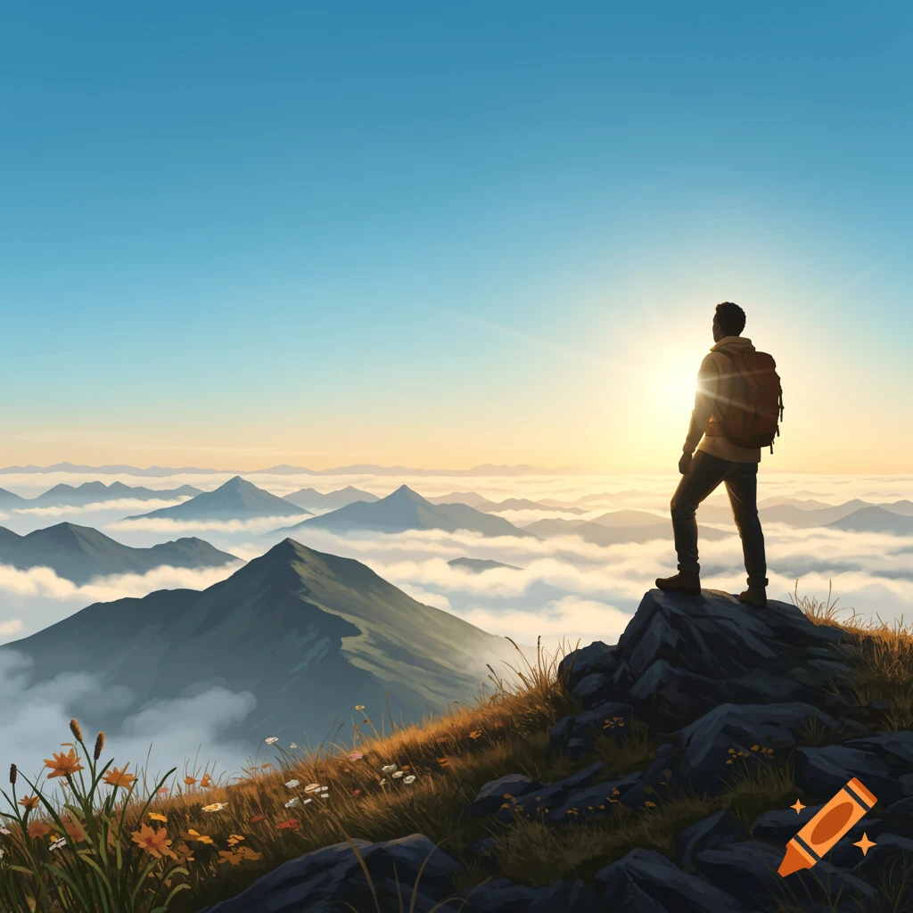 A man with a backpack stands atop a mountain, silhouetted against a vibrant sunrise over a sea of clouds and distant peaks.