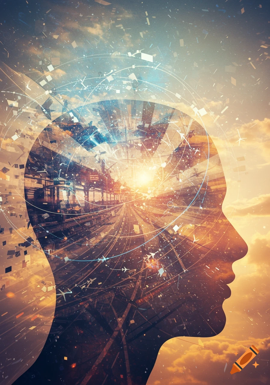 Silhouette of a human head in profile, filled with abstract lines, cityscapes, train tracks, airplanes, and a bright sunset sky, representing travel and thought.