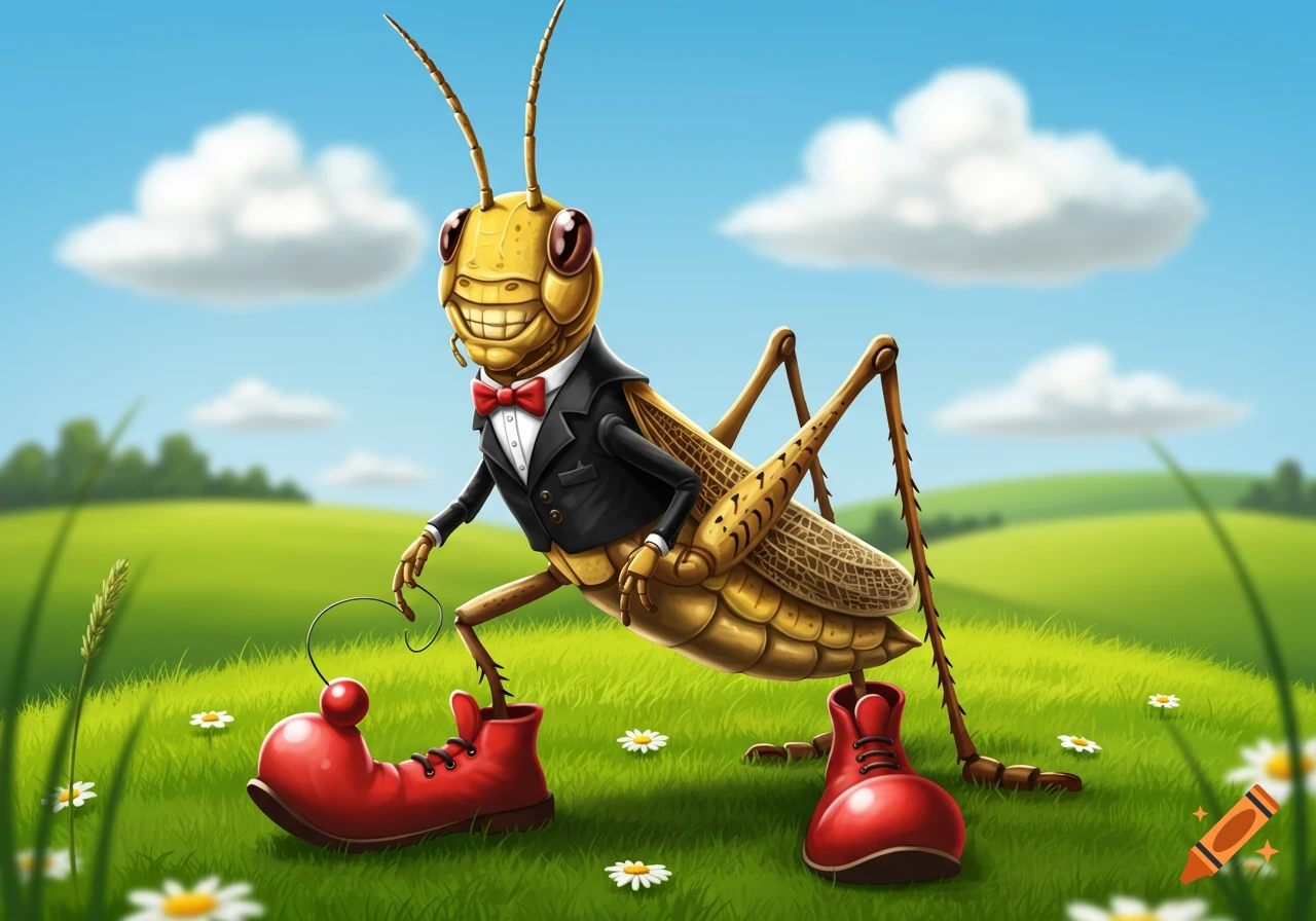 A smiling cartoon grasshopper wearing a black tuxedo and oversized red clown shoes stands in a vibrant green field with white flowers and a blue sky.