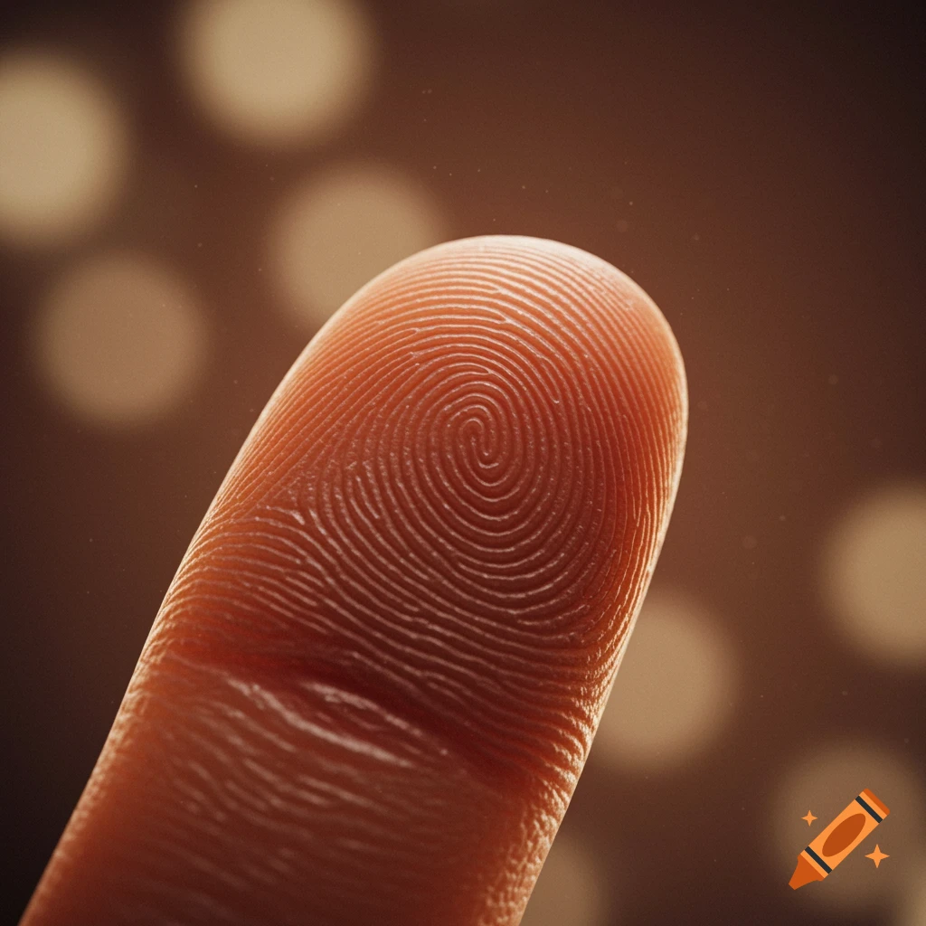 A close-up, photorealistic shot of a human fingertip showing the detailed swirling pattern of a fingerprint against a blurred bokeh background.