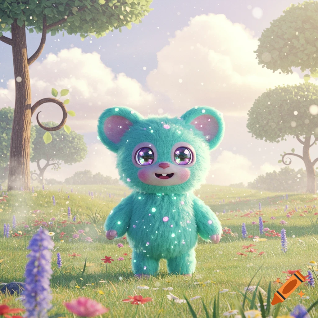A fluffy, teal-colored creature with large, sparkly eyes stands in a magical meadow filled with wildflowers and sparkling lights, under a bright sky.
