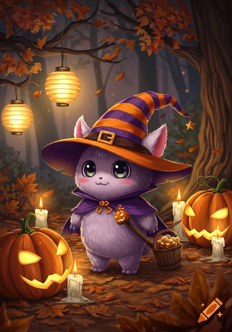 A cute fluffy creature in a witch hat and cape stands among glowing jack-o'-lanterns and autumn leaves in a Halloween forest.