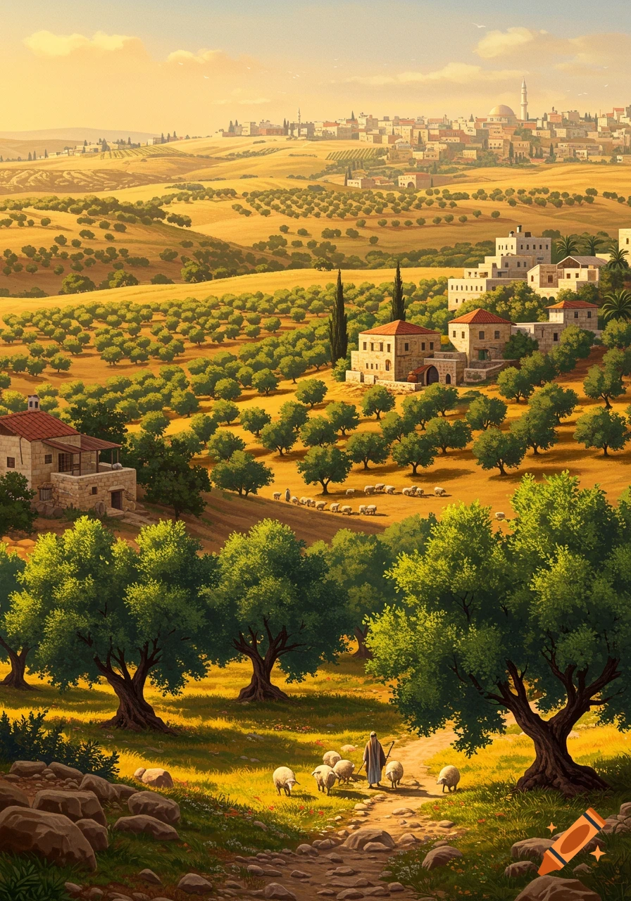 Vibrant illustration of a Middle Eastern landscape: olive groves, traditional houses, shepherd with sheep on a path, distant town.