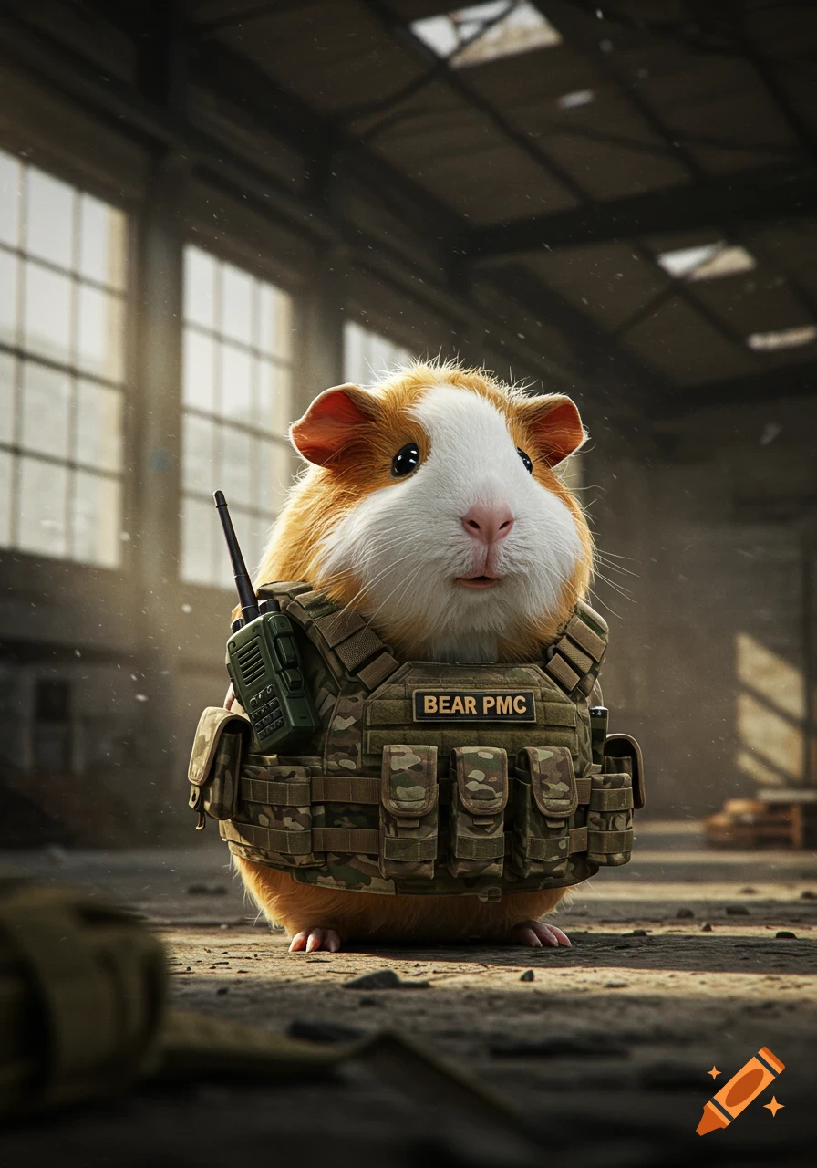 A cute guinea pig wearing military camouflage tactical gear with a radio, standing in an industrial warehouse.