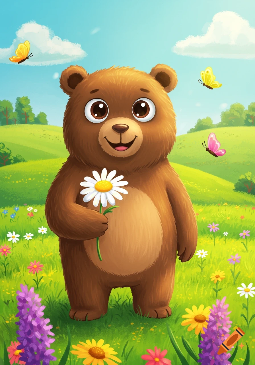 A happy cartoon bear holding a white daisy in a green meadow with colorful flowers and butterflies flying under a blue sky.