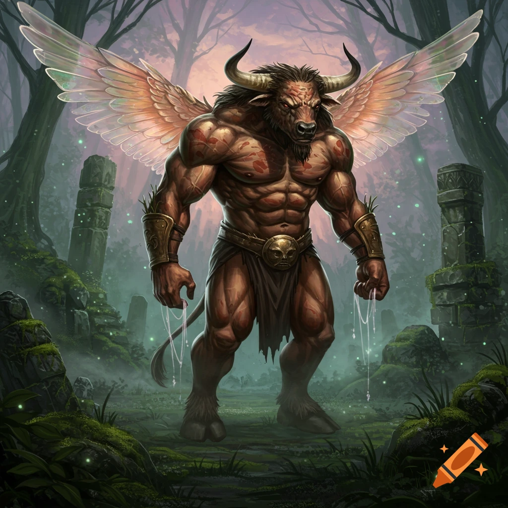 A muscular, brown-skinned minotaur with large, translucent fairy-like wings stands in a misty forest with ancient ruins.