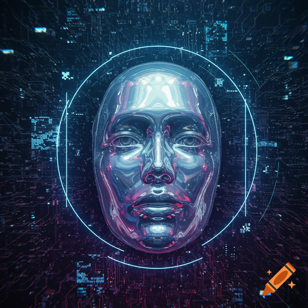 A futuristic, highly reflective metallic human head against a dark background of glowing blue and purple circuit board patterns.