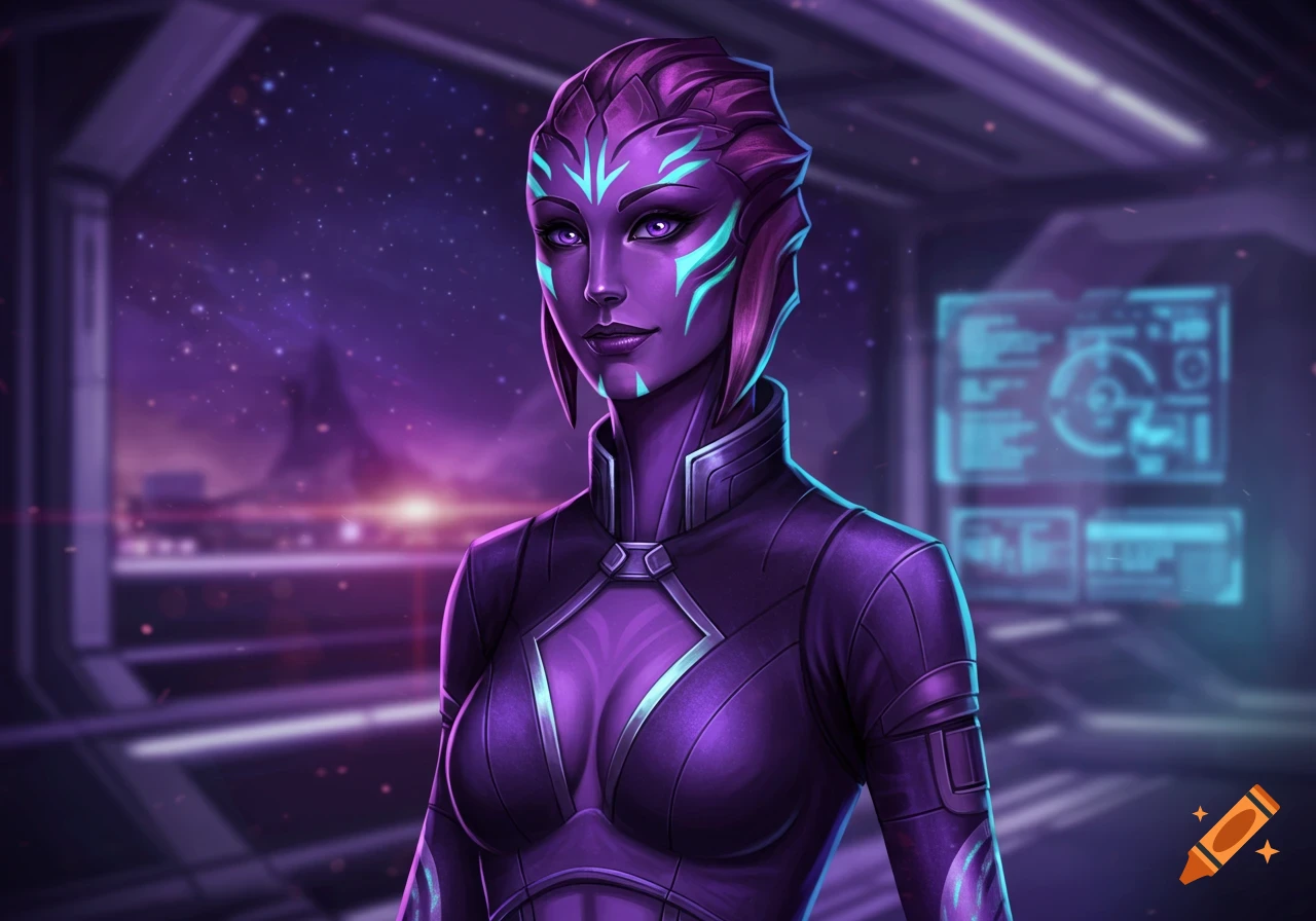A purple-skinned alien woman with glowing blue markings and a purple suit stands in a spaceship looking at the viewer. Stars and a distant planet are visible through the window.