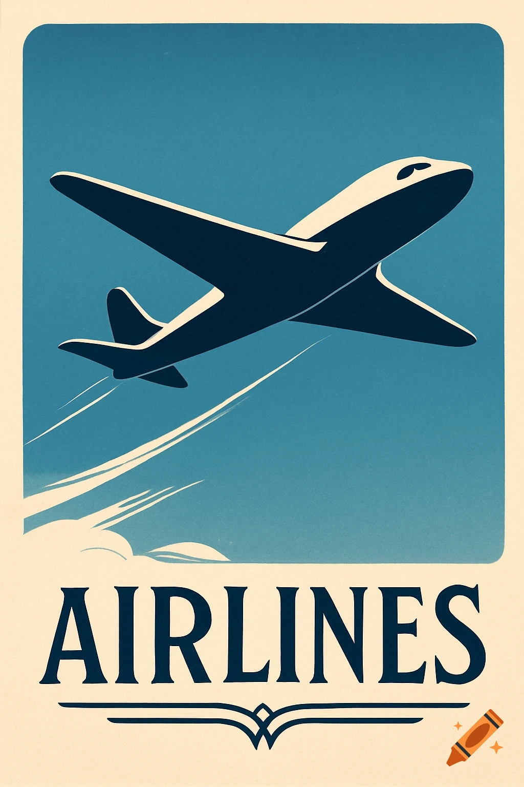 A vintage-style poster depicting a dark blue airplane flying upwards against a lighter blue sky, with the word 'AIRLINES' in dark blue at the bottom.