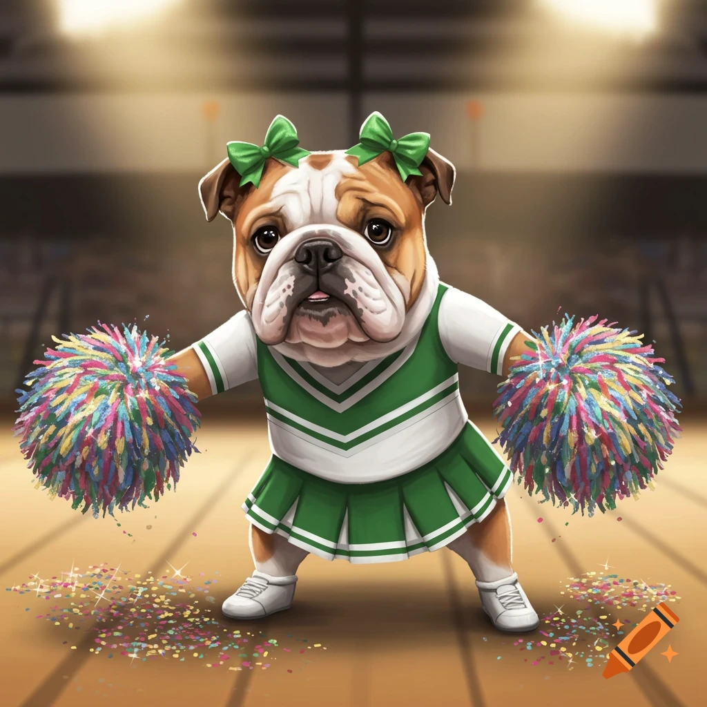 A cute English bulldog cheerleader wearing a green and white uniform with green bows and holding colorful pompoms, standing on a gym floor with glitter.