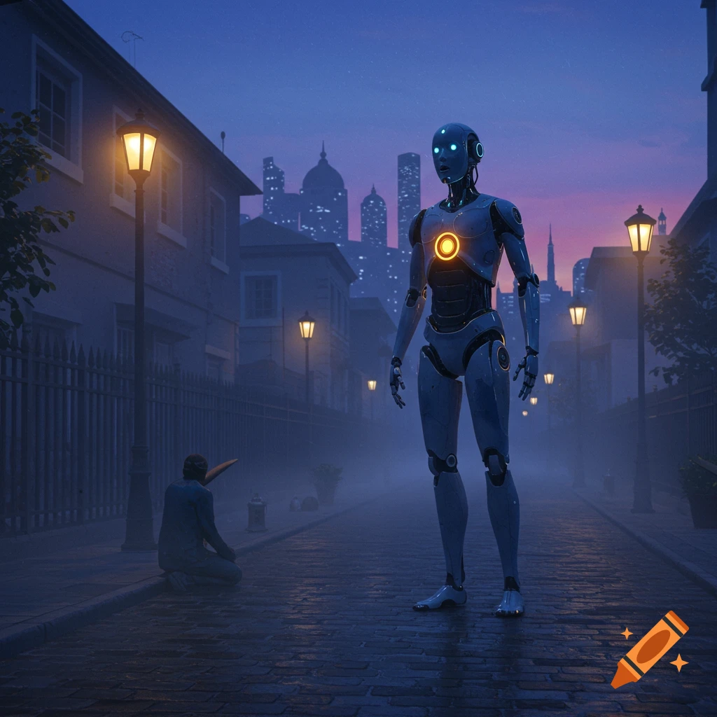 A large humanoid robot with glowing elements stands on a foggy cobblestone street at dusk, looking down at a kneeling person. A city skyline is in the background.
