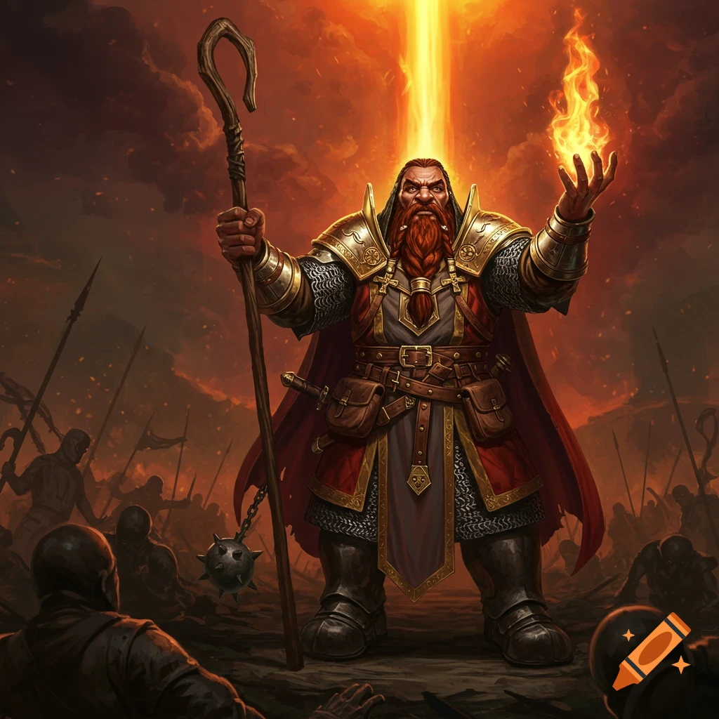 A formidable, red-bearded dwarf cleric in armor summons a fiery pillar from the sky over a battlefield with fallen foes, in a detailed fantasy art style.