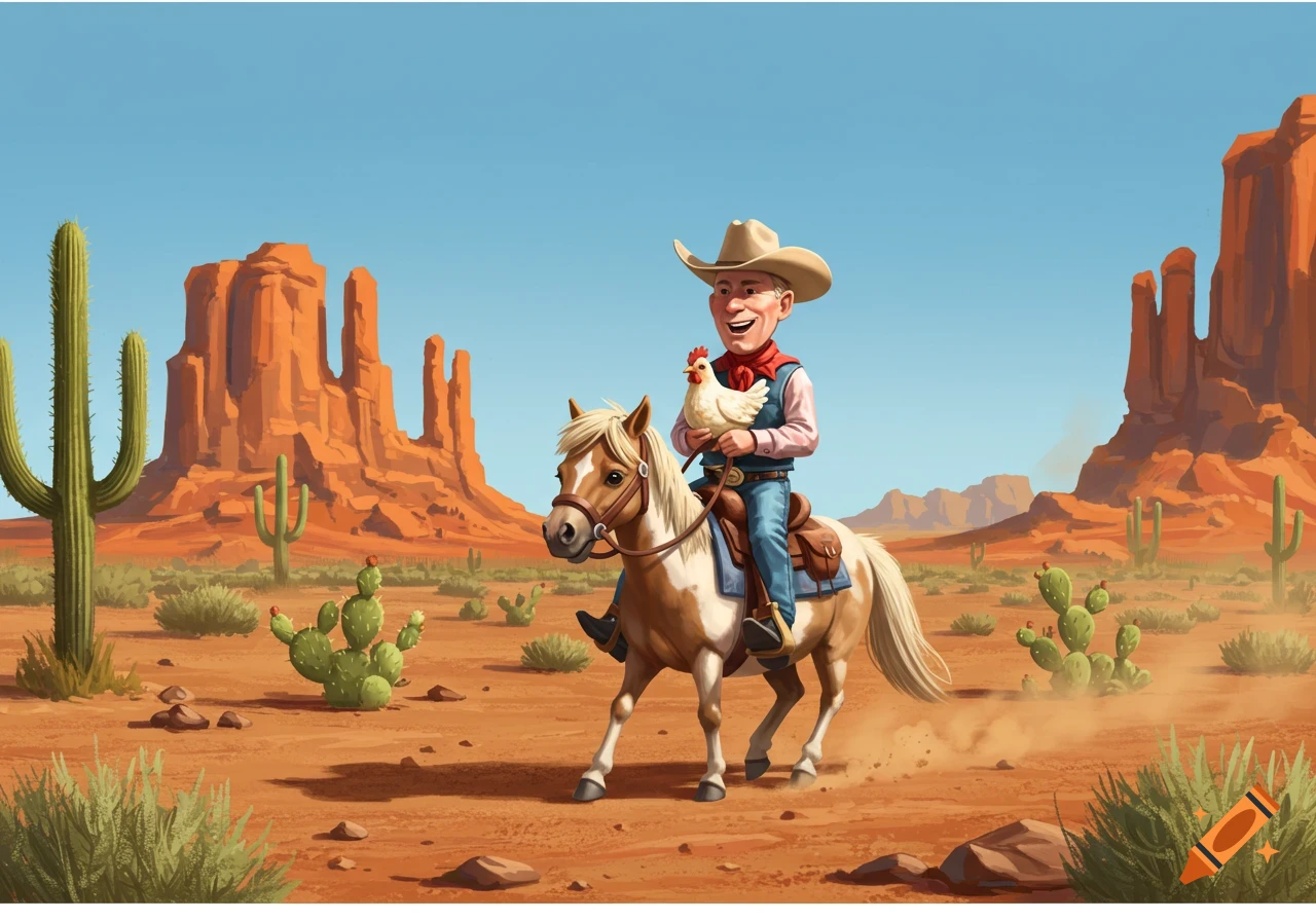 A cartoon cowboy rides a small horse in the desert, holding a white chicken. Cacti and mesas are in the background.
