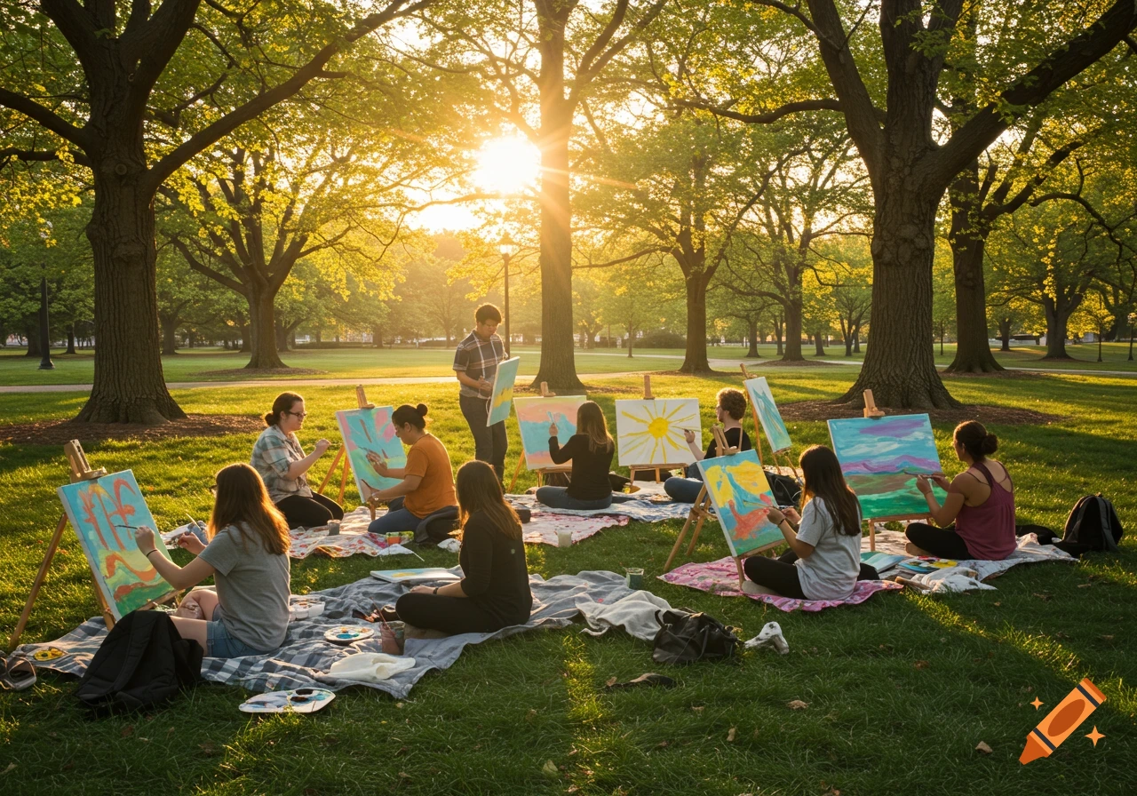 A group of college students painting on canvases in a sunny park with large trees.