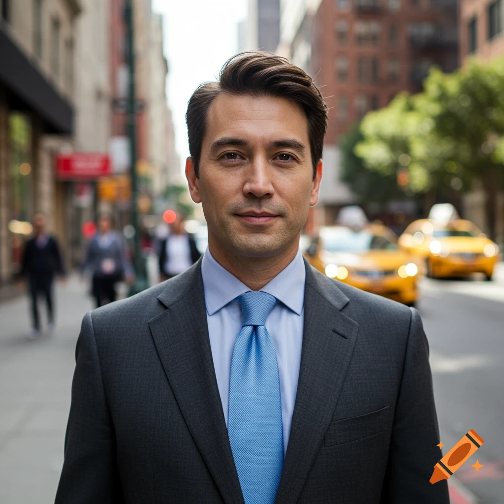 A photorealistic portrait of a man in a dark suit and blue tie standing on a city street with blurry yellow taxis in the background.