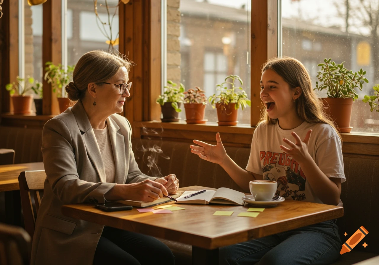 Two women, one older with glasses and one younger with an enthusiastic expression, talking at a wooden table in a sunlit cafe.