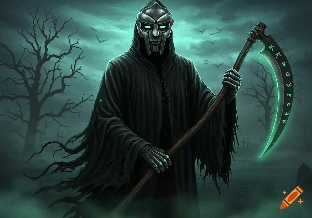 A grim reaper figure in a dark cloak and metal mask holds a glowing green scythe with runes in a misty, dark forest.