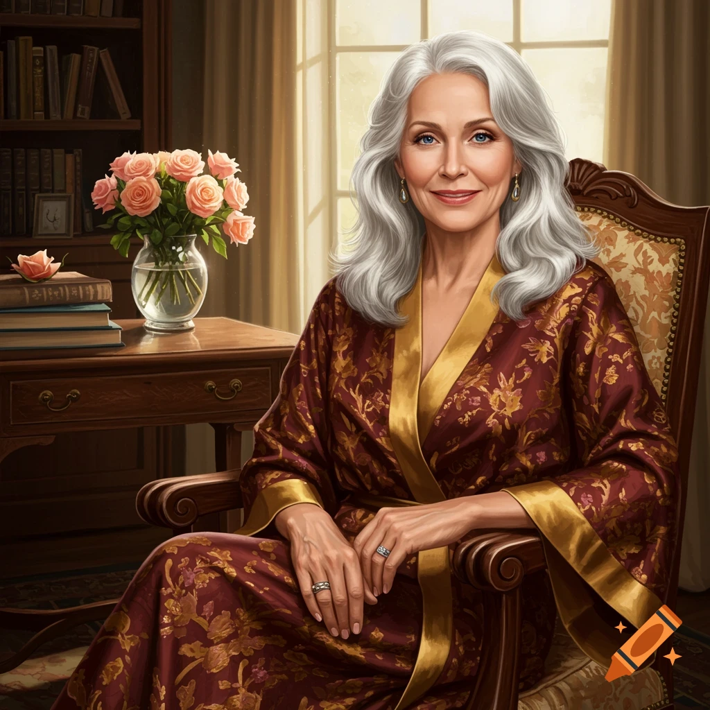 Photorealistic portrait of a smiling older woman with long gray hair in a maroon robe, seated in an ornate chair next to a table with flowers and books.