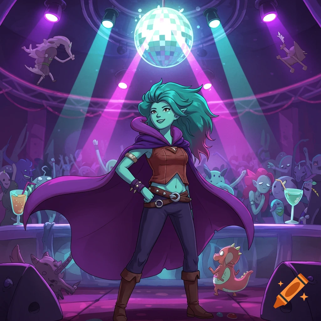A cartoon fantasy adventurer with teal skin, purple cape, and brown vest stands in a vibrant nightclub under a disco ball, surrounded by other creatures.
