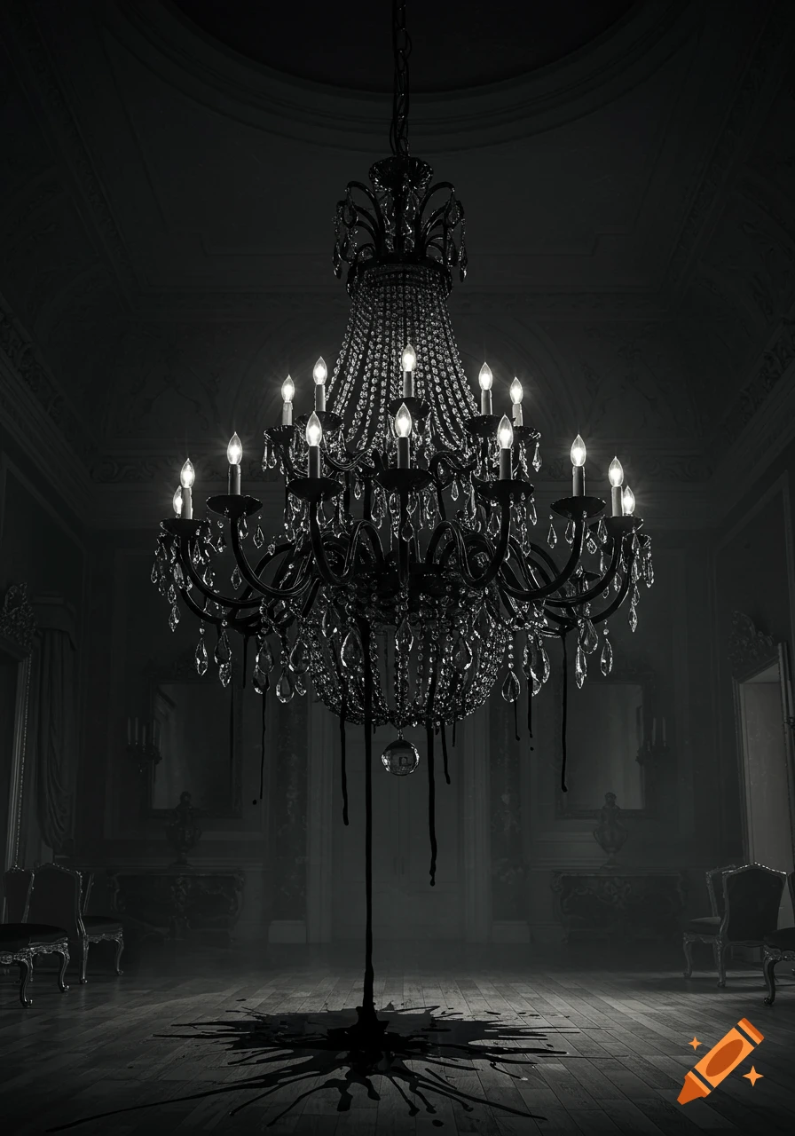 A black chandelier dripping dark ink onto a wooden floor in a dimly lit, ornate room.