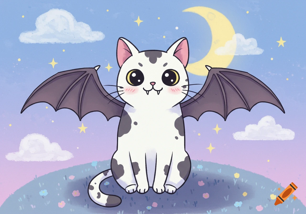 A cute cartoon white cat with black spots, bat wings, and vampire teeth, sitting on a grassy hill under a starry night sky with a crescent moon.