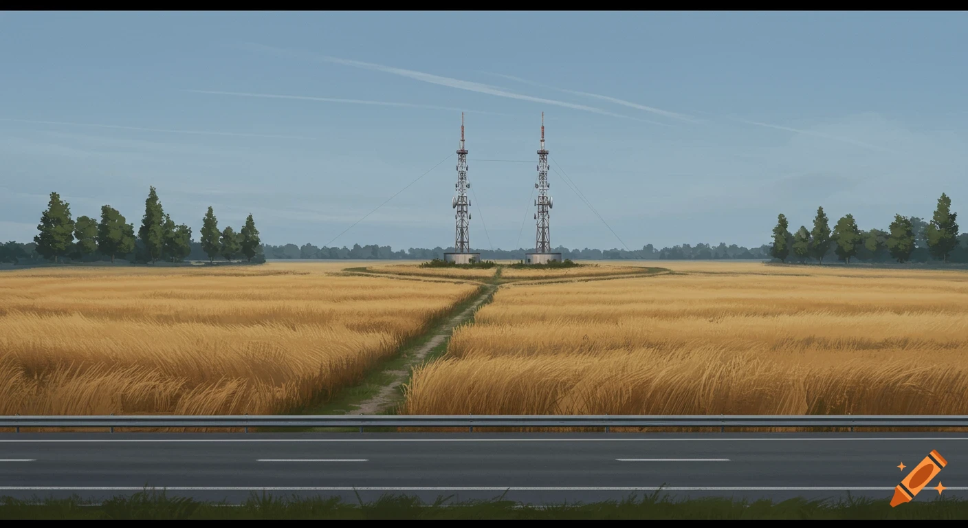 A view from a highway showing two radio towers in a golden wheat field, bordered by green trees under a blue sky.
