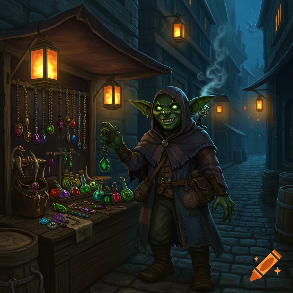 A green-skinned goblin merchant with glowing eyes sells potions and enchanted items from a lamp-lit market stall in a dark alley.