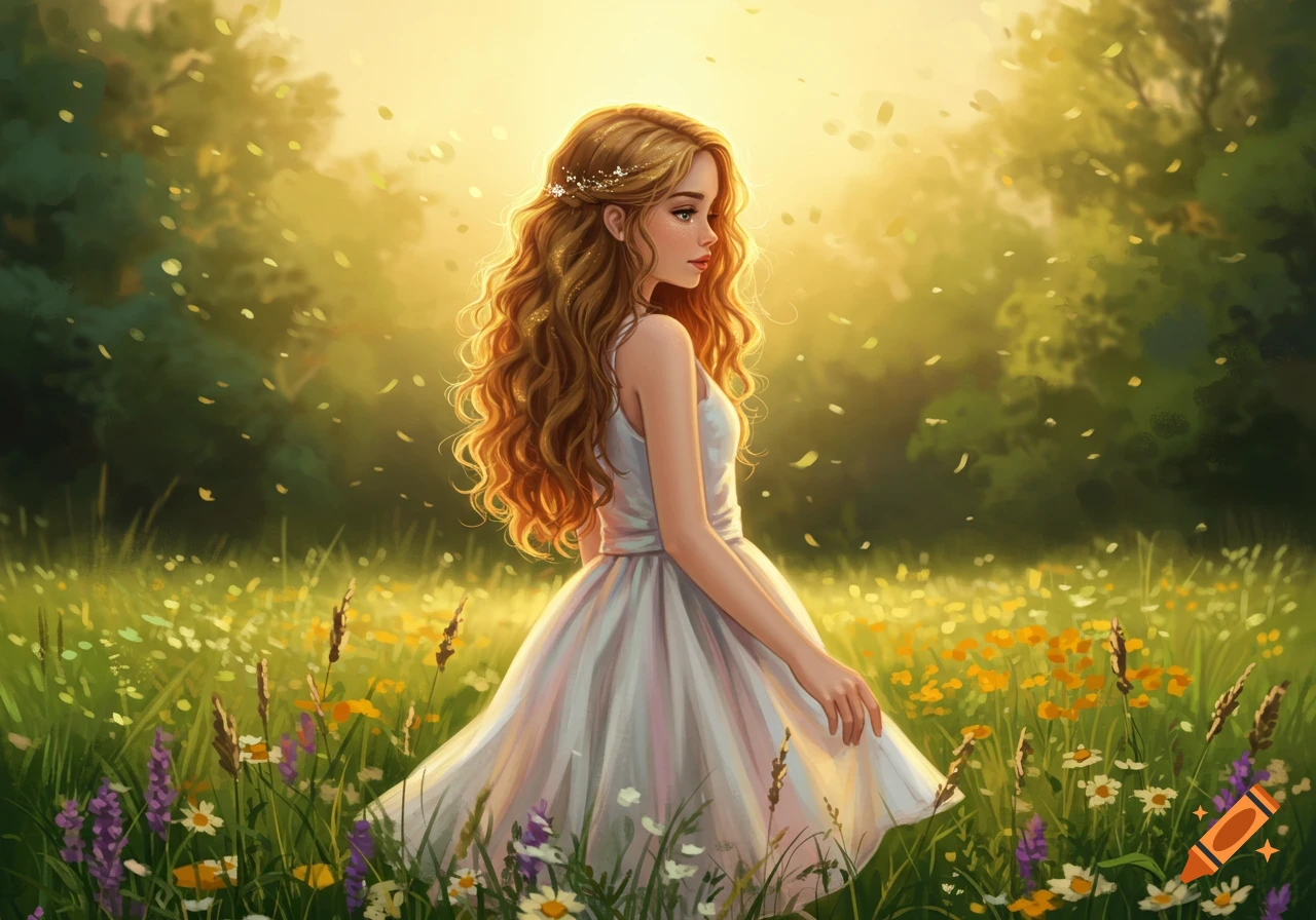 A girl with long wavy hair and a white dress stands in a vibrant meadow with wildflowers, bathed in golden light.