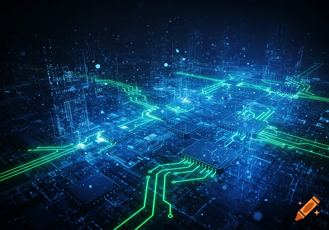 An abstract, dark background features a digital circuit board with glowing blue and green data lines and illuminated microchips.