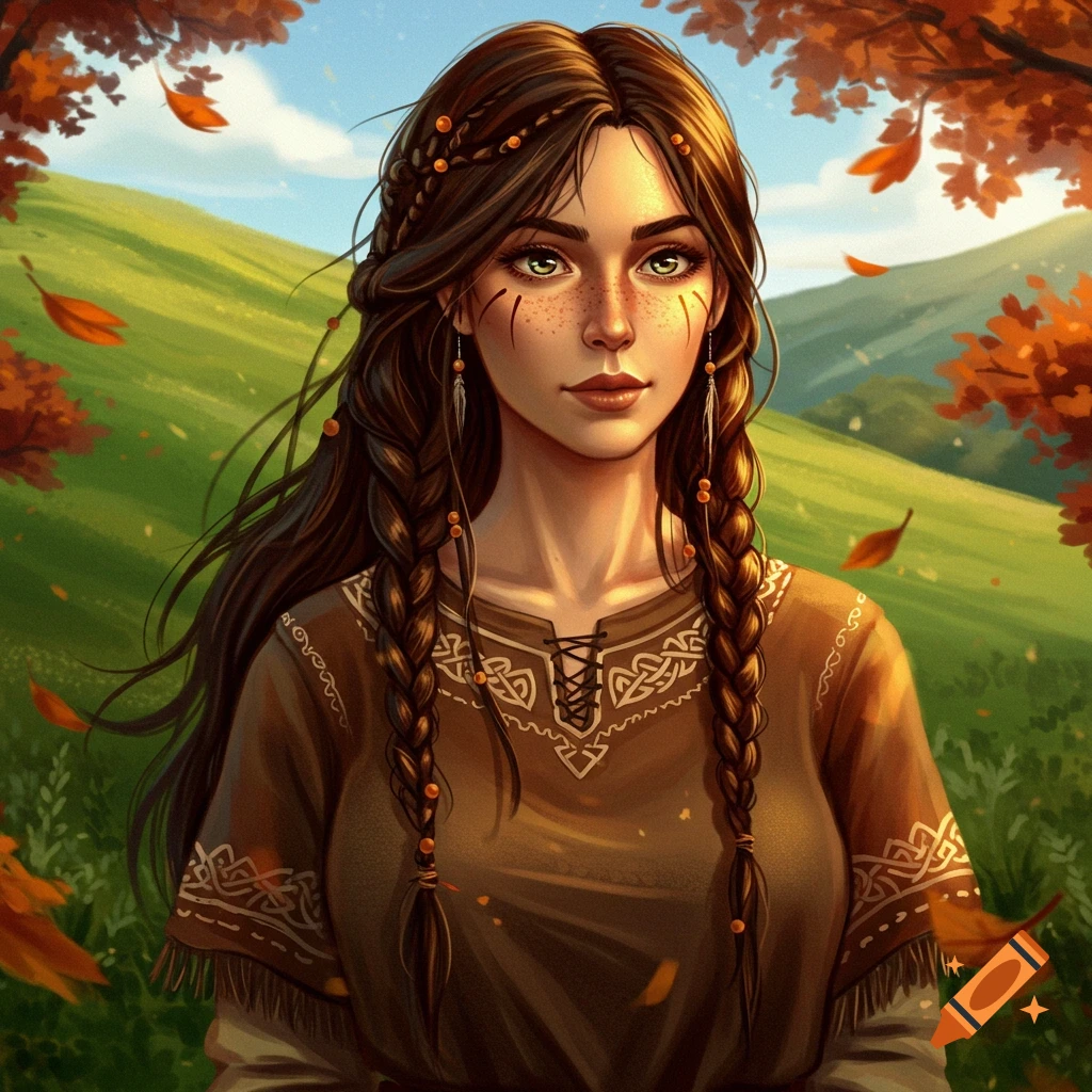 An illustrated portrait of a young woman with long dark braided hair, green eyes, and freckles, in an autumn nature setting.
