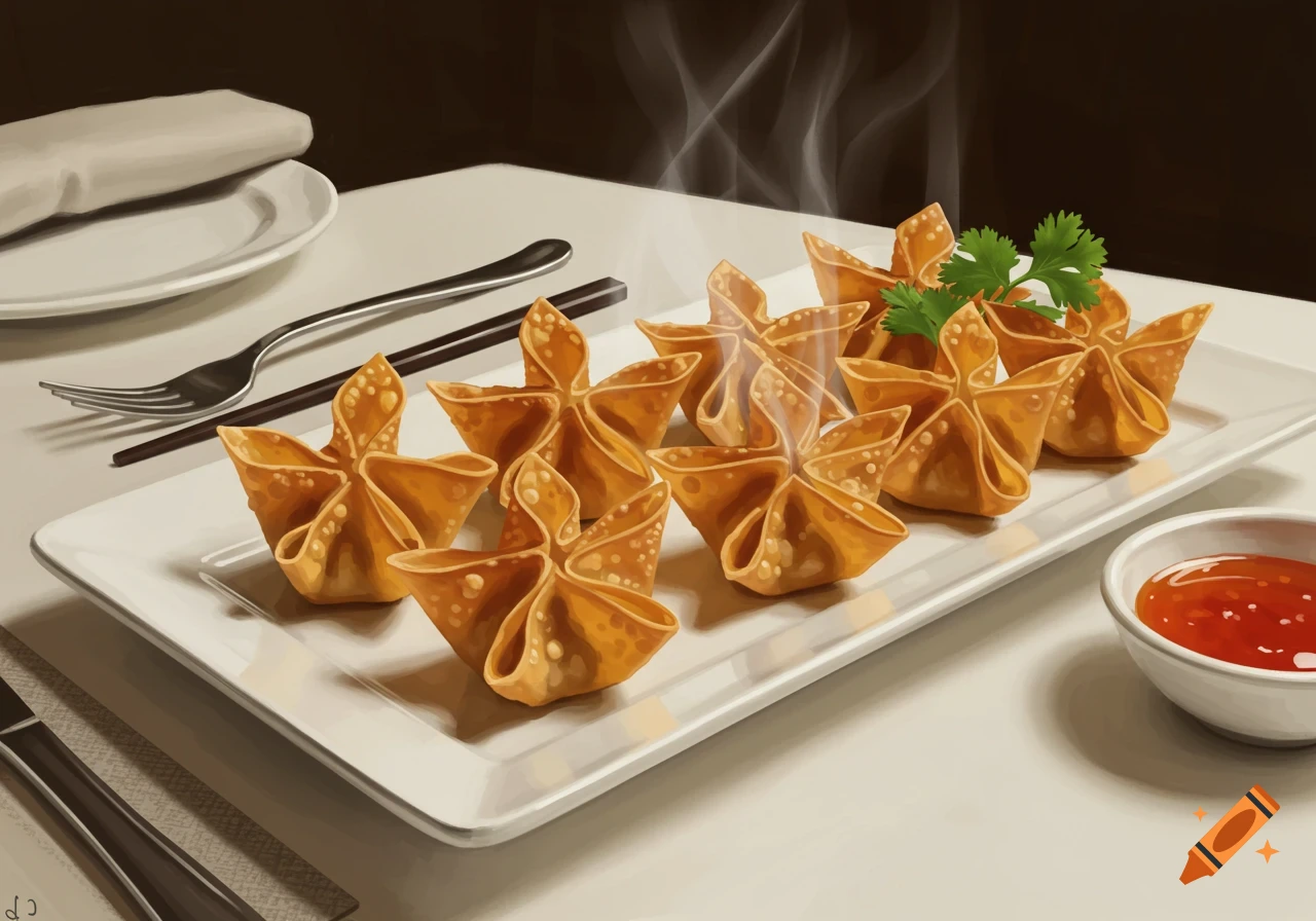 Golden fried crab rangoons on a white rectangular plate with a side of dipping sauce, fork, and chopsticks. Digital art.