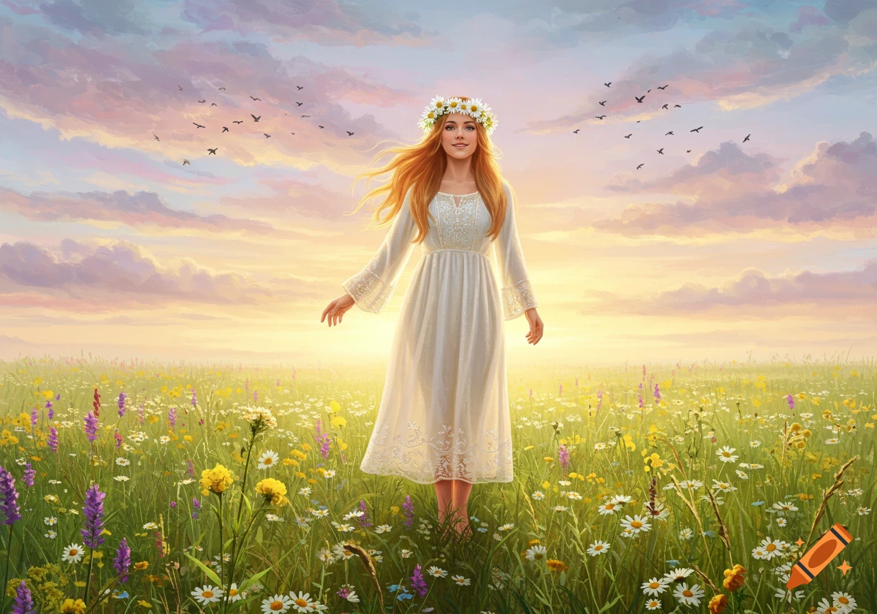 A red-haired woman wearing a white dress and flower crown stands in a field of wildflowers at sunset, with birds flying in the sky.