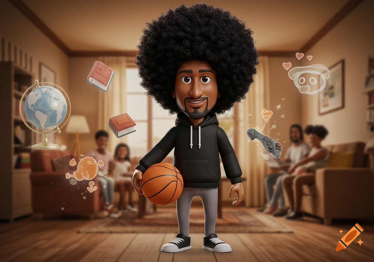 A 3D cartoon action figure of a man with an afro and beard, holding a basketball, surrounded by floating books, a globe, and a game controller, with a blurred family in the background.