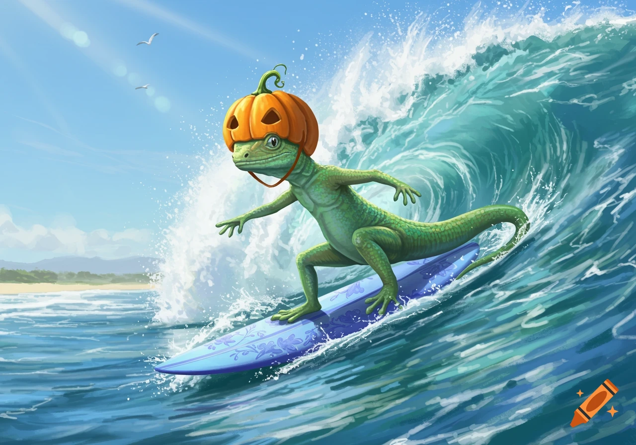 A green lizard wearing a pumpkin hat surfs a large blue wave on a sunny day at the beach.