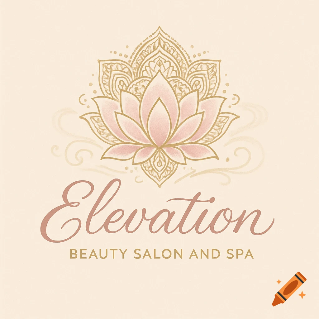 Logo for Elevation Beauty Salon and Spa with a pink lotus flower and ornate gold designs on a beige background.