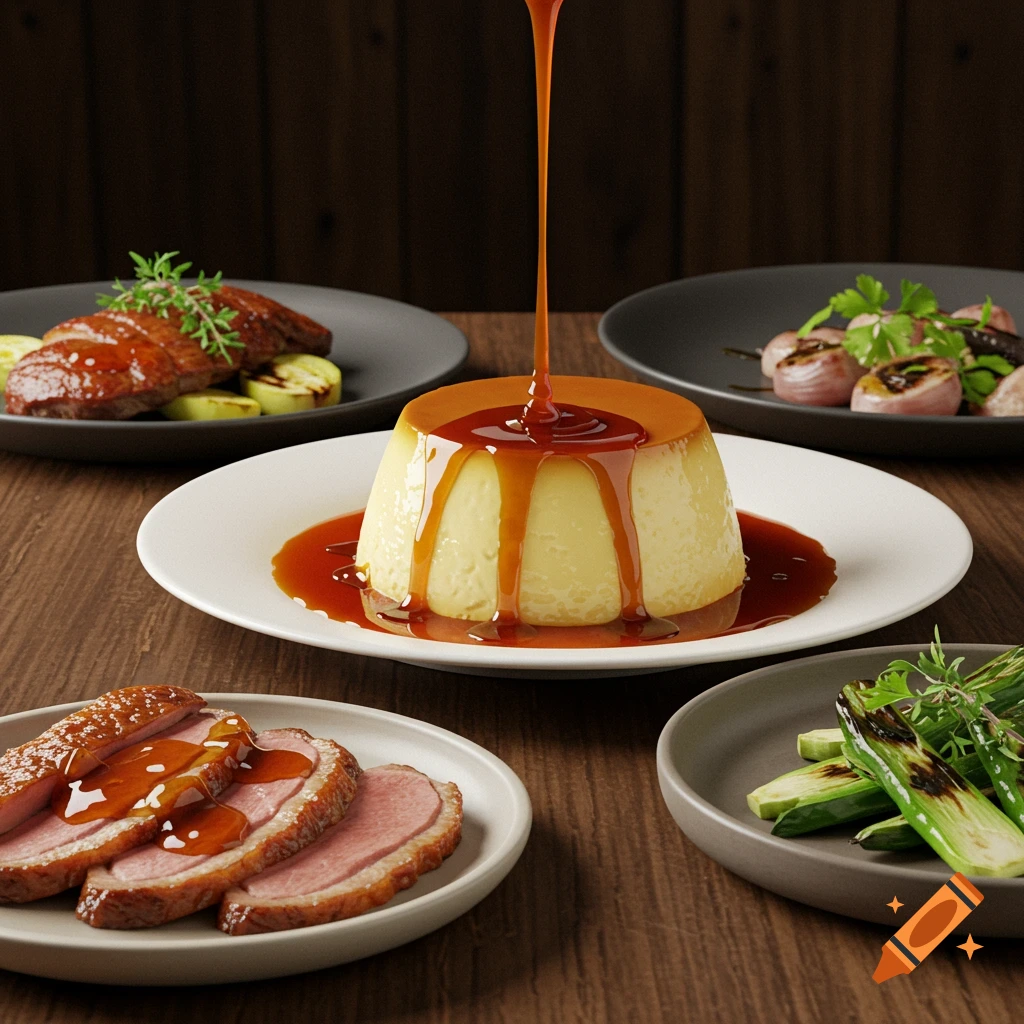 Photorealistic flan with caramel sauce pouring, served with sliced meat and grilled vegetables on a wooden table.