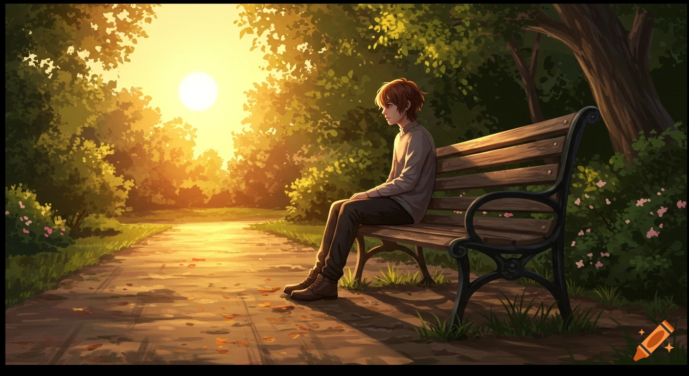 A thoughtful young man with brown hair sits alone on a park bench at sunset. The scene is depicted in an anime art style with warm golden lighting.