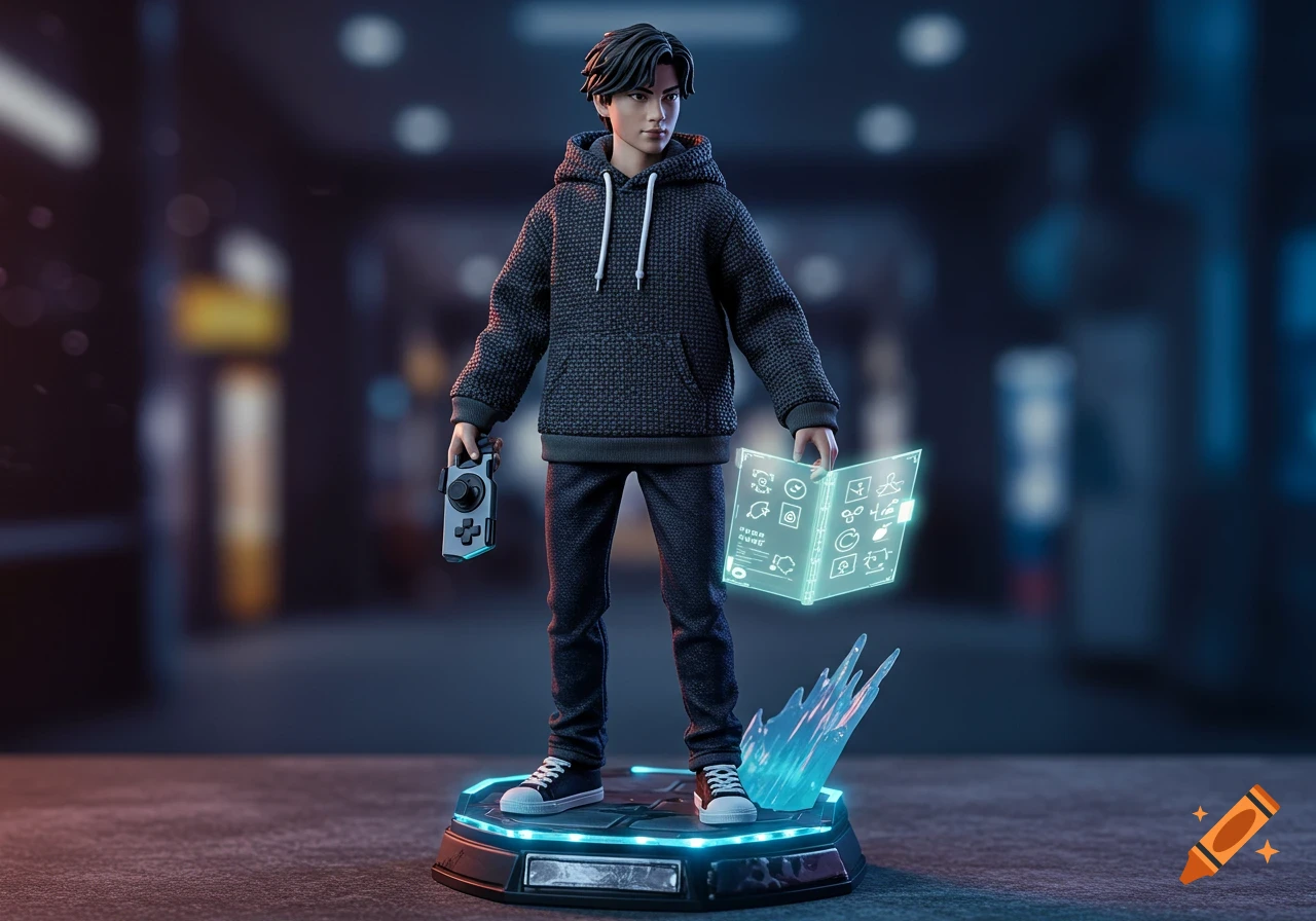 A detailed action figure of a young man in a hoodie holding a game controller and a glowing holographic book, on a futuristic base.