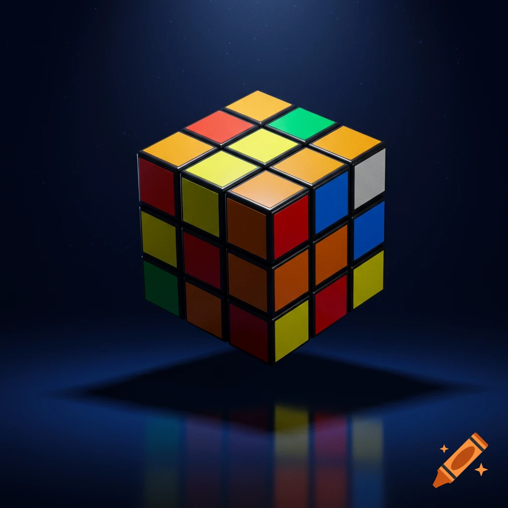 A realistic 3x3 Rubik's cube with scrambled colors floats above a deep blue background, casting a reflection.