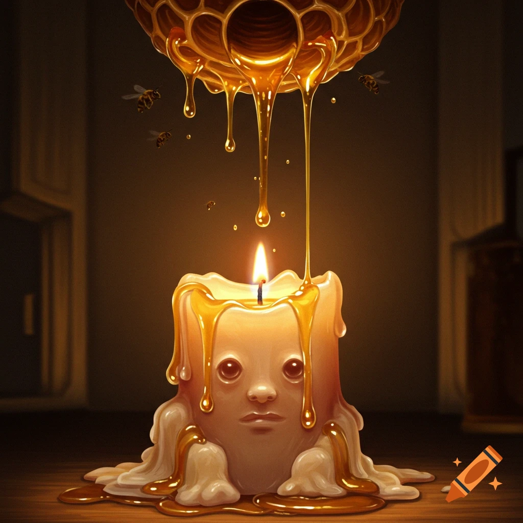 A surreal candle with a human face melts under golden honey dripping from a honeycomb, with bees flying nearby.