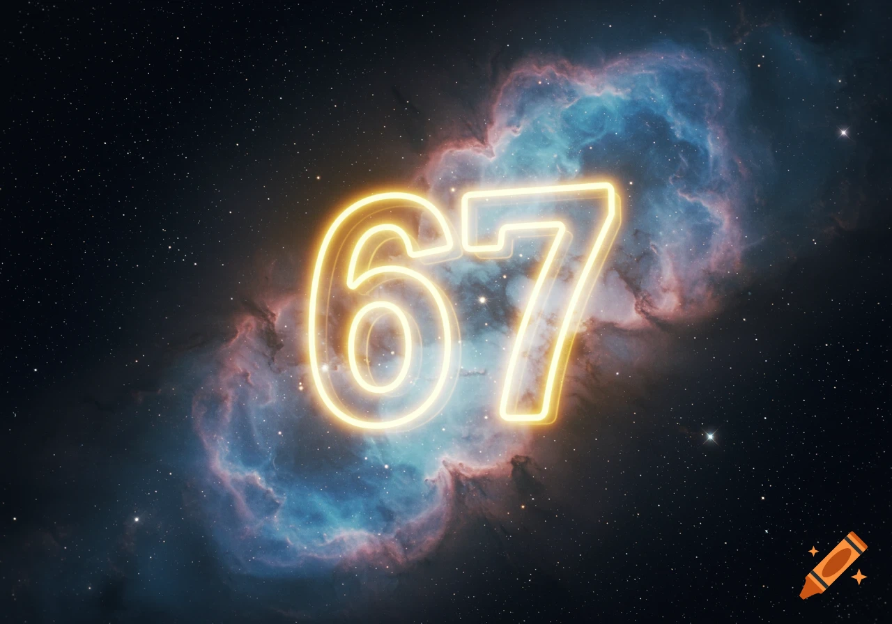 Glowing numbers '67' against a starry night sky with a vibrant blue and pink nebula.