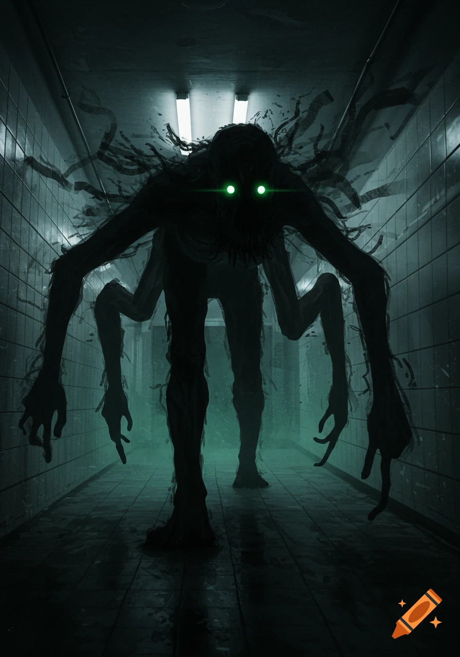 A shadowy, multi-limbed monster with glowing green eyes stands in a dark, tiled hallway, surrounded by green mist and tendrils of shadow.