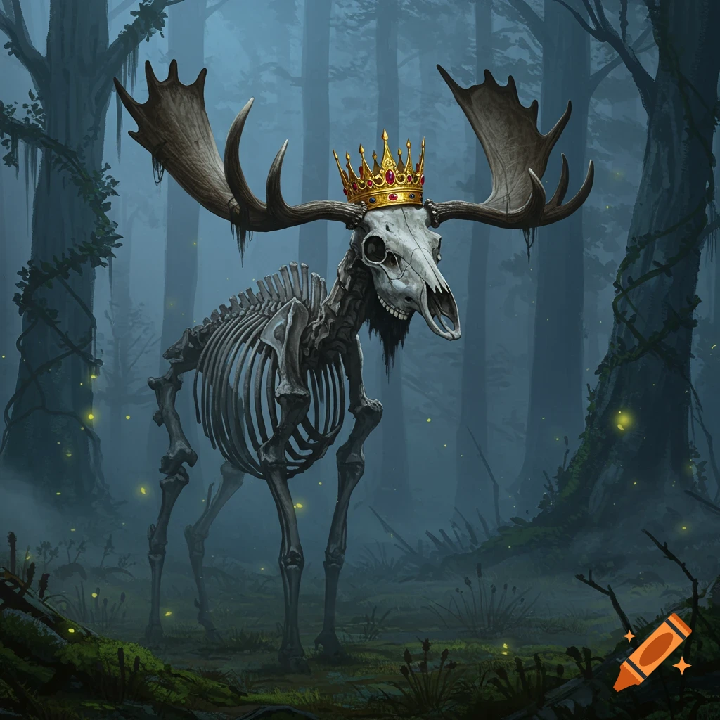 A skeletal moose wearing a golden crown stands in a dark, misty forest with glowing fireflies.