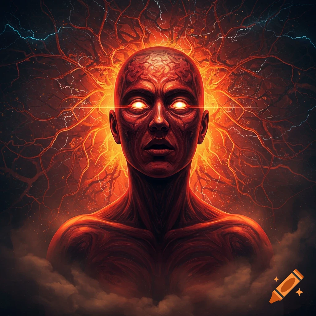 A stylized red humanoid figure with glowing eyes, surrounded by fiery energy, lightning, and dark clouds.