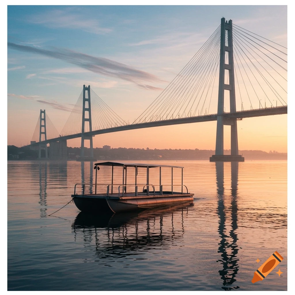 A pontoon boat floats on calm water with a large suspension bridge in the background at sunrise or sunset.