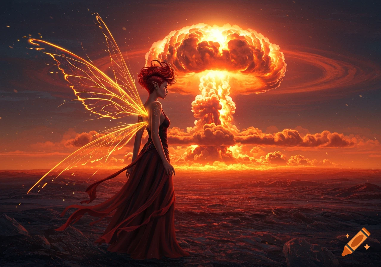 A red-haired fairy with glowing wings stands on a dark, rocky landscape, gazing at a massive, fiery mushroom cloud rising from an orange horizon.