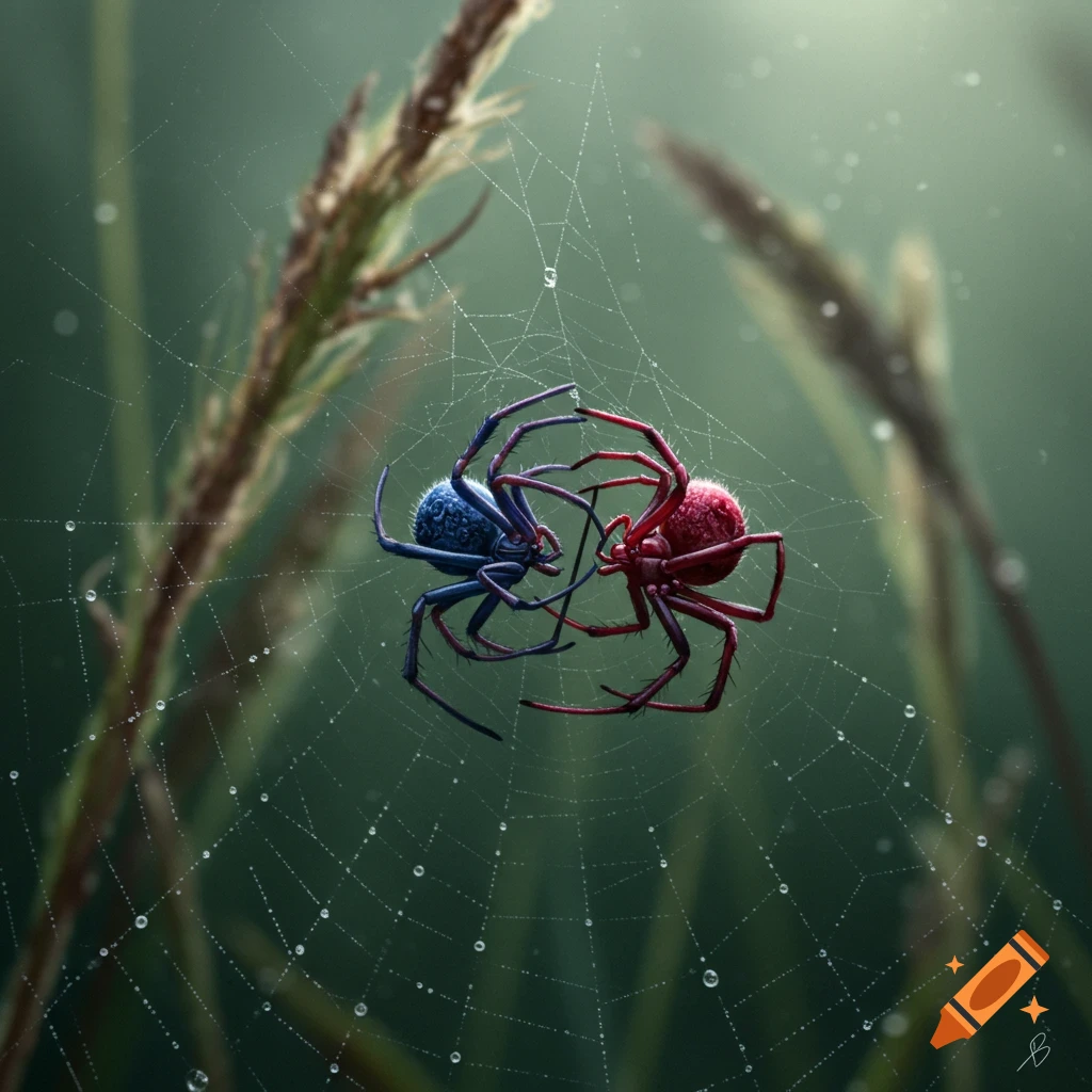 A blue spider and a red spider touching on a dewy spiderweb, with green foliage in the background.