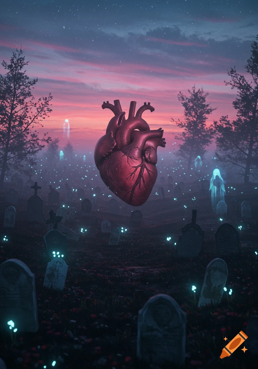 A floating human heart over a glowing graveyard at twilight with ghostly figures and trees.